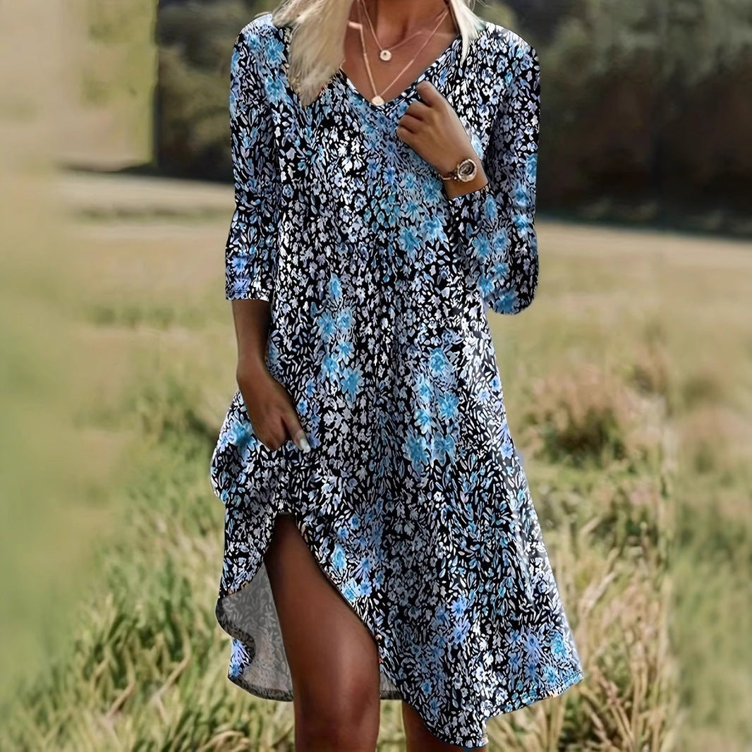 Damen Freizeitkleid mit modischem V-Ausschnitt und Seitenschlitz EB