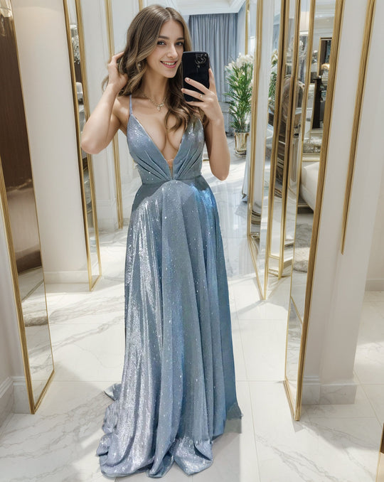 Damen Glamouröses Abendkleid mit V-Ausschnitt und schimmerndem Design EB