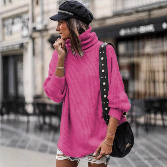 Damen Pullover mit hohem Kragen und grobem Strickmuster EB