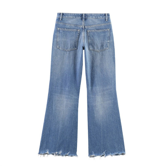 Damen Flared Jeans im Used-Look mit Fransen und Destroyed-Details EB