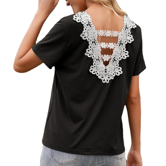 Damen T-Shirt mit Spitzen-Detail und V-Ausschnitt EB