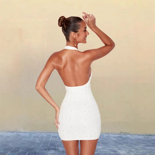 Damen Glamouröses Pailletten-Minikleid mit tiefem V-Ausschnitt und Halter-Design EB
