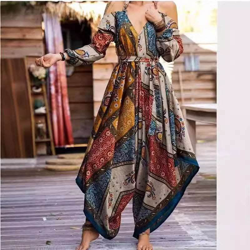 Damen Langes Wickelkleid mit verspieltem Muster und off-shoulder Design EB