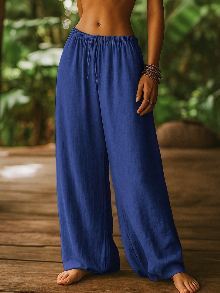 Damen Weit geschnittene Sommer-Hose mit elastischem Bund und Kordelzug EB