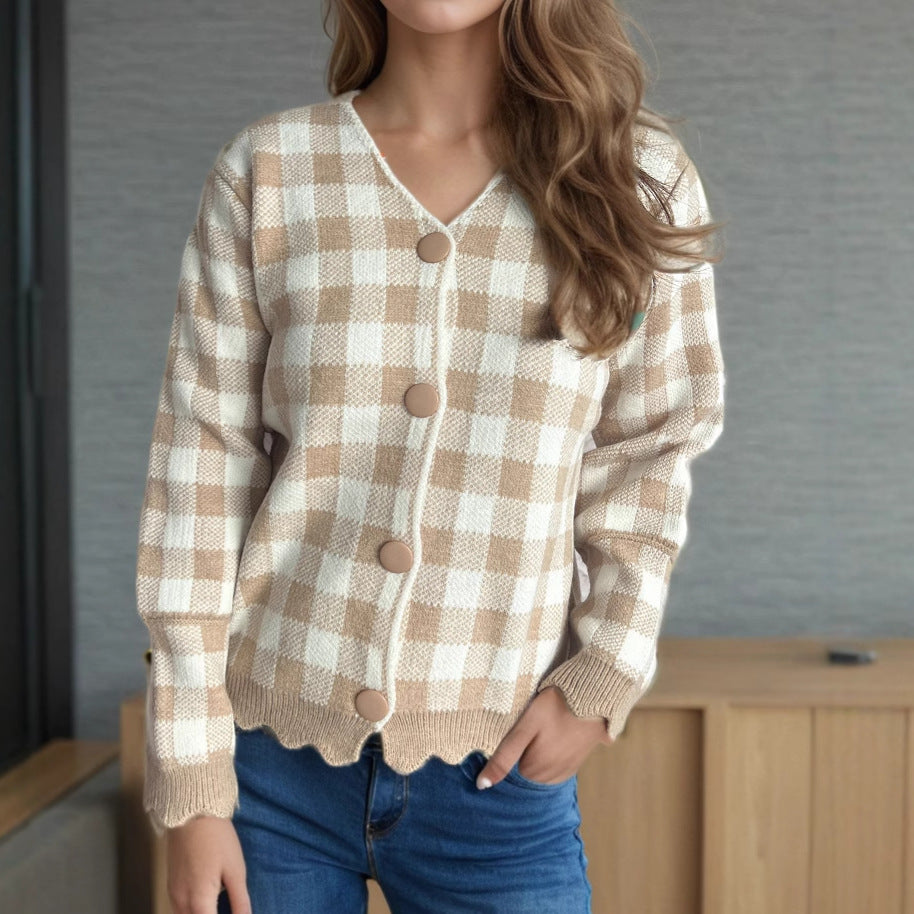 Damen lässige Strickjacke mit kräftigem Karomuster und modischen Knopfdetails EB