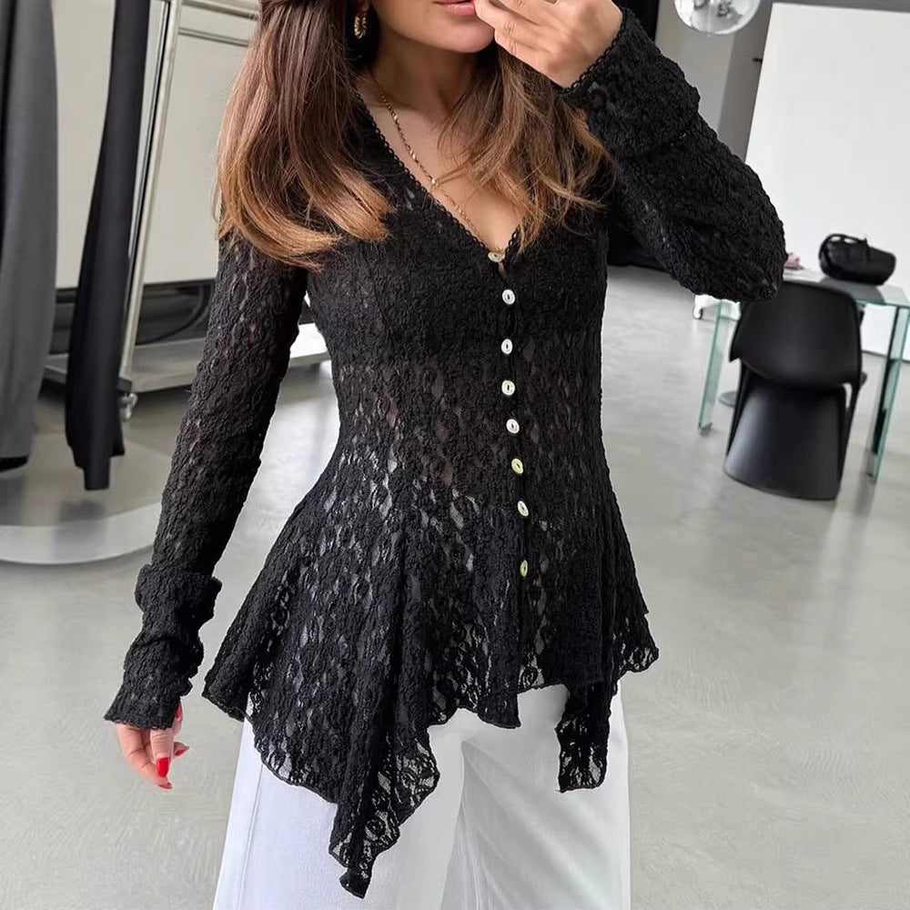 Damen romantische Spitzenbluse mit asymmetrischem Saum und Knopfdetails EB