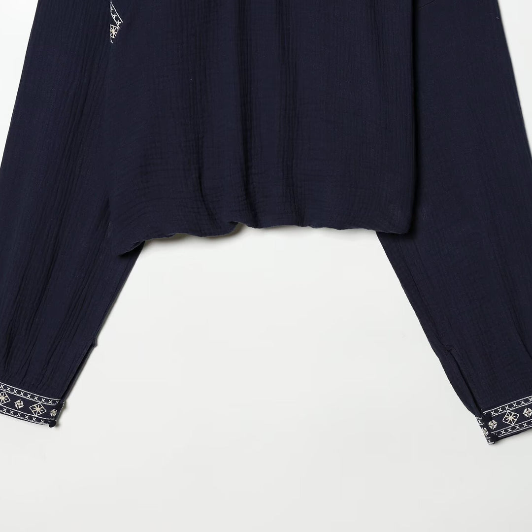 Damen nan bestickte Boho-Bluse mit gerafftem Stehkragen, Ballonärmeln und kurzem Saum EB