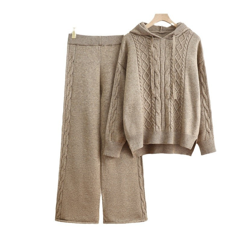 Damen lässiges Strick-Loungewear-Set mit Kapuze und breiten Beinen EB
