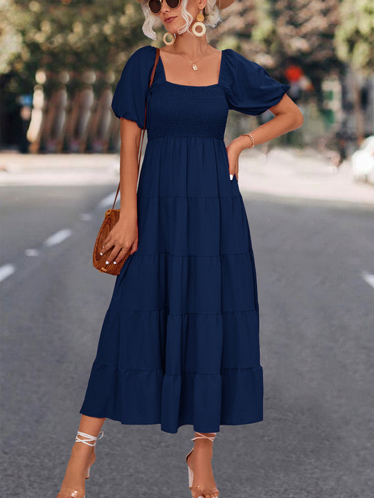 Damen Midi-Kleid mit elastischer Taillierung und voluminösen Puffärmeln EB