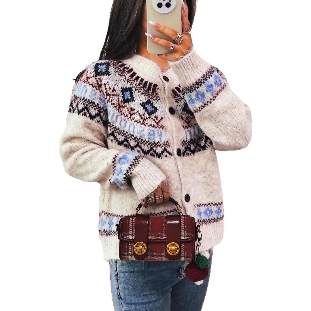 Damen Strickjacke mit buntem nordischen Muster und hochwertigen Holzknöpfen EB