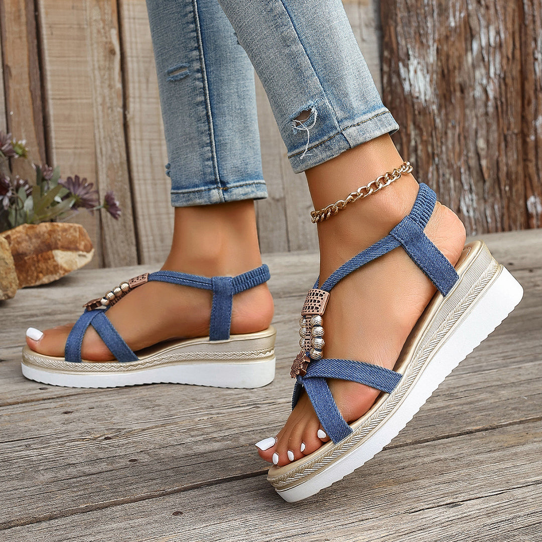 Damen Wedge-Sandalen mit dekorativem Perlen-Detail und hohem Komfort EB