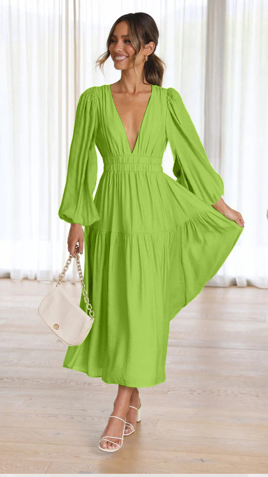 Damen Langarm Maxikleid mit tiefem V-Ausschnitt und weitem Rock EB