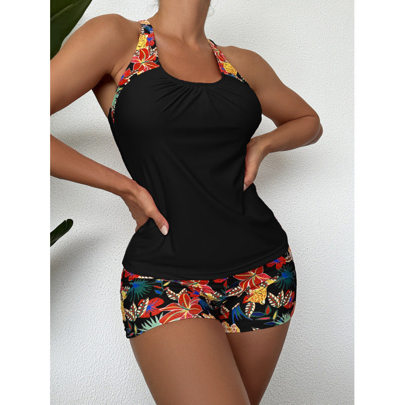 Damen Sportliches Badeanzug-Set mit Cross-Back-Design und Blumenmuster EB