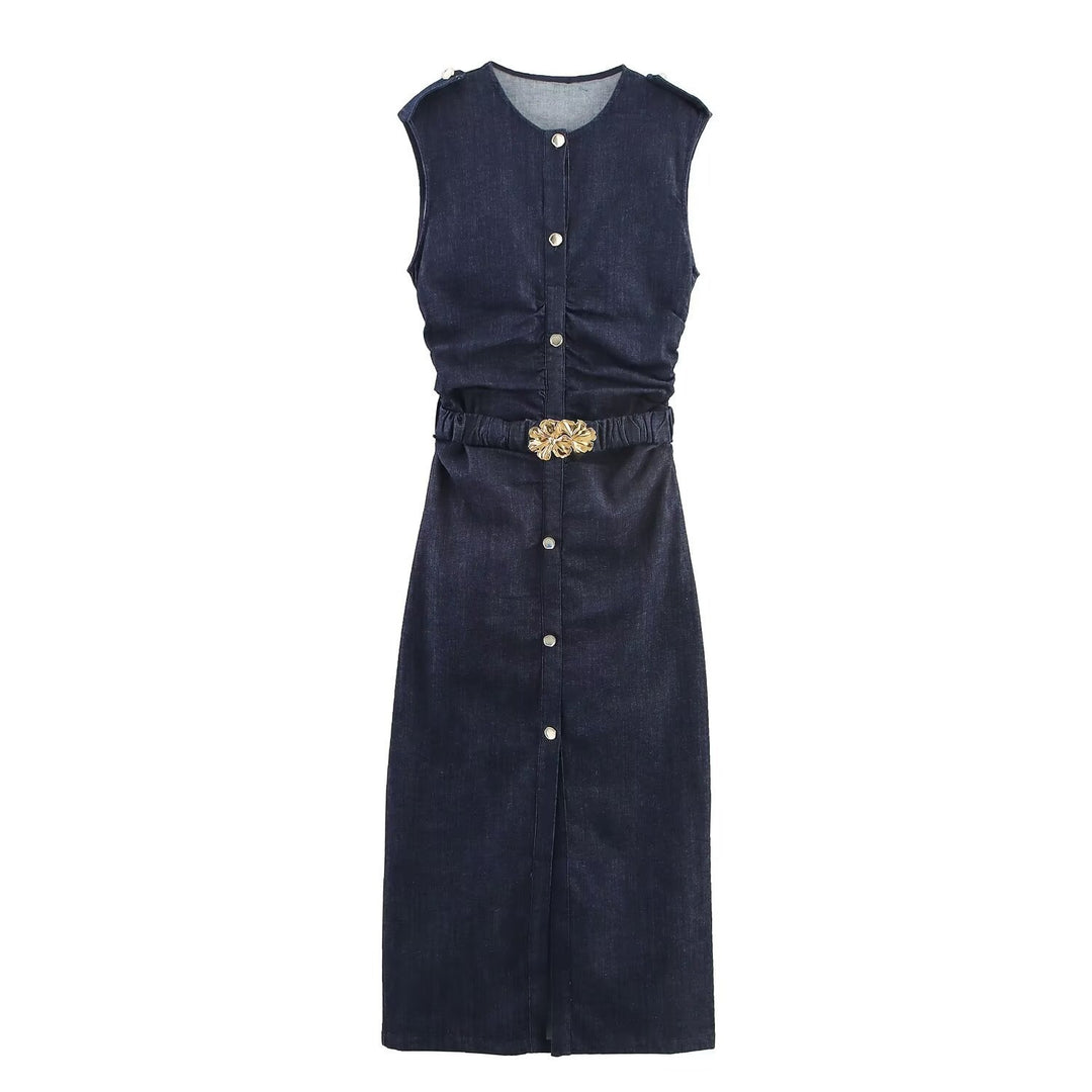 Damen Jeanskleid mit Wickelgürtel und eleganten Druckknöpfen EB