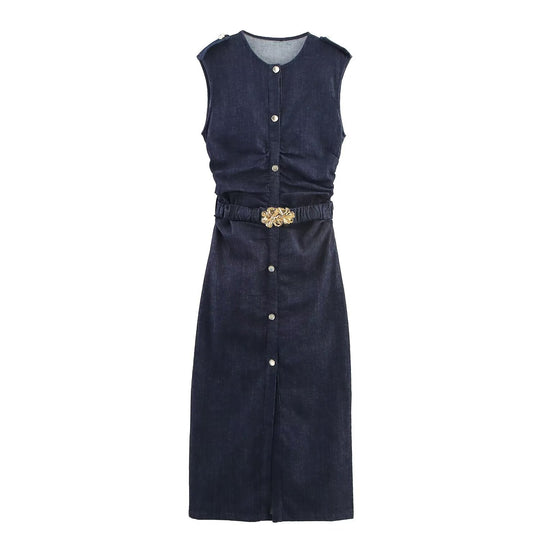 Damen Jeanskleid mit Wickelgürtel und eleganten Druckknöpfen EB