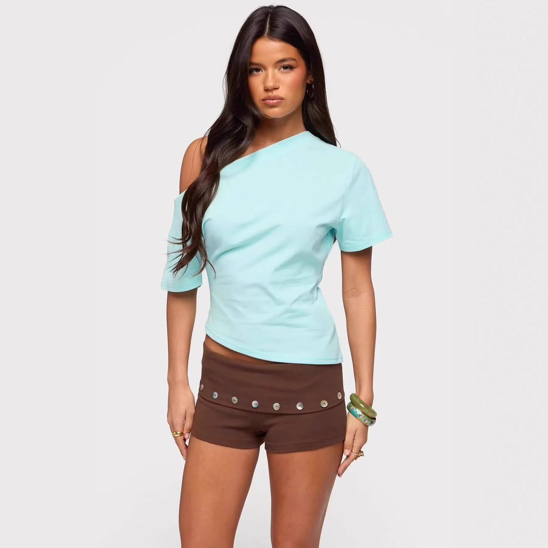 Damen asymmetrisches Oberteil mit schulterfreiem Design und kurzen Ärmeln EB