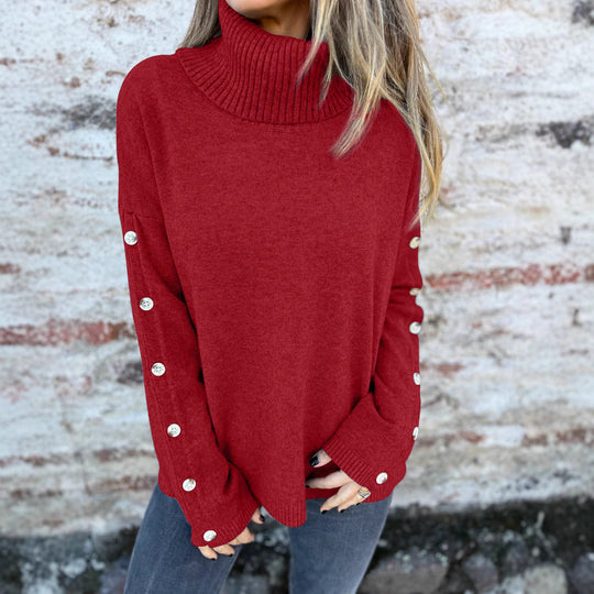 Damen weicher Rollkragenpullover mit modischen Knopfdetails EB