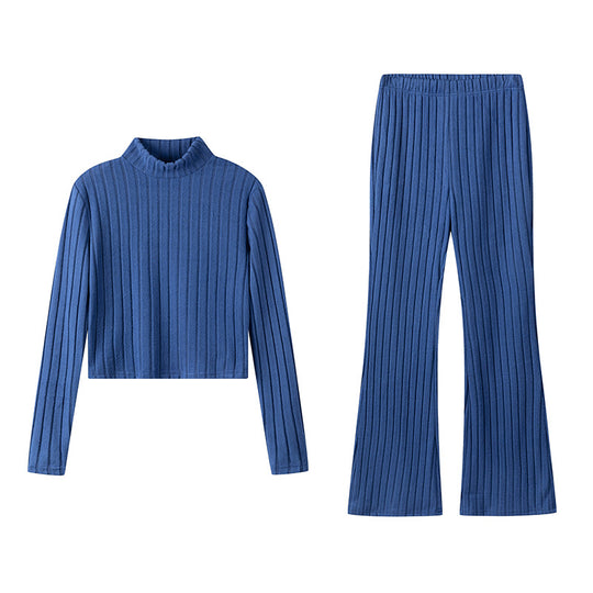 Damen Zweiteiliges Set mit hochgeschlossenem Pullover und ausgestellter Hose EB