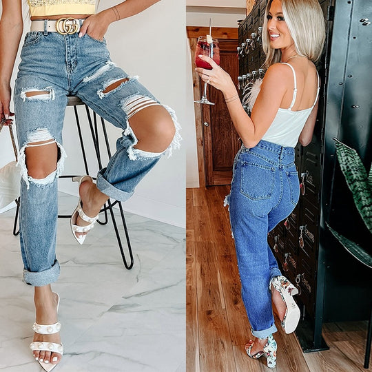 Damen Destroyed Mom-Jeans im lässigen Vintage-Look EB
