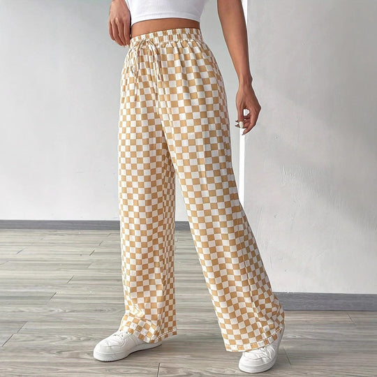 Damen Weite Freizeithose mit kariertem Muster und elastischem Bund EB