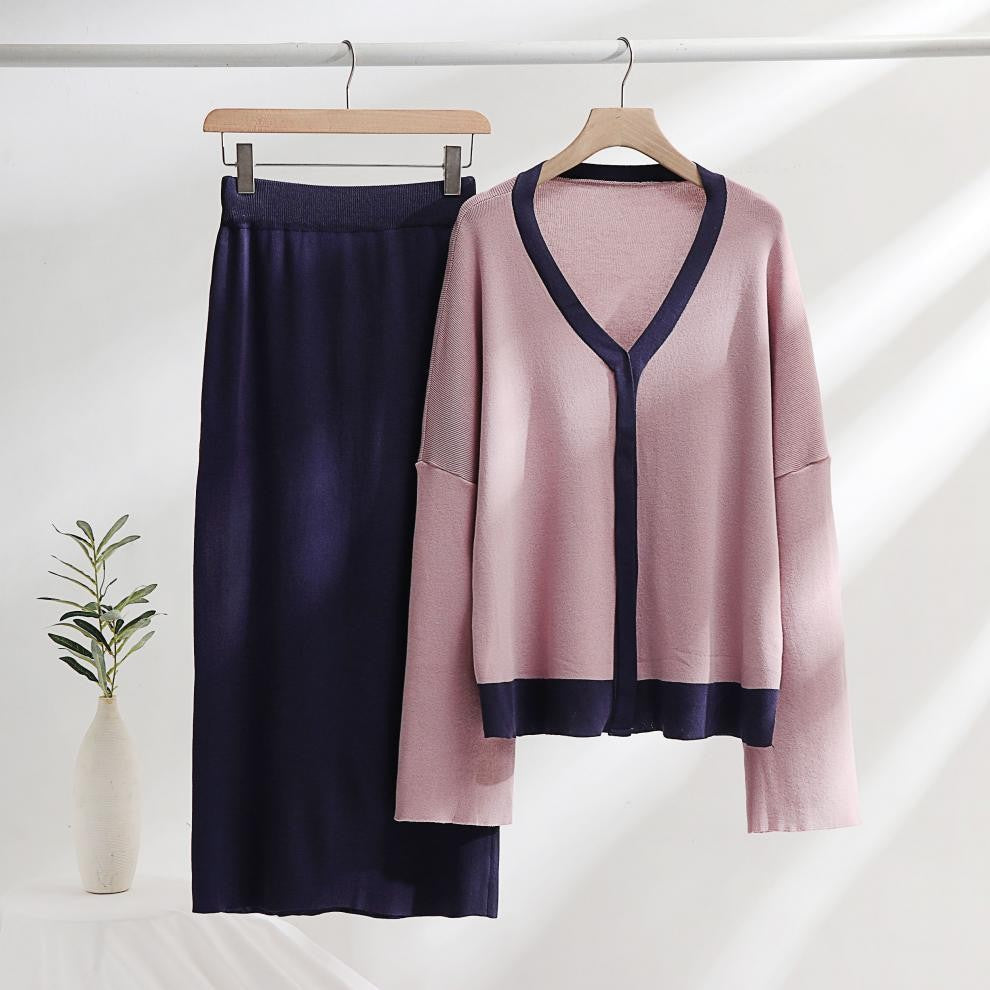 Damen elegantes Strick-Kombinationsset mit tiefem V-Ausschnitt und Kontrastdetails EB