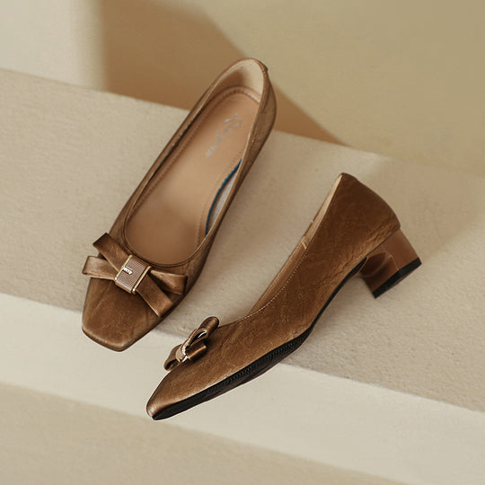 Damen elegante Ballerinas mit modischer Schleife und komfortablem Blockabsatz EB