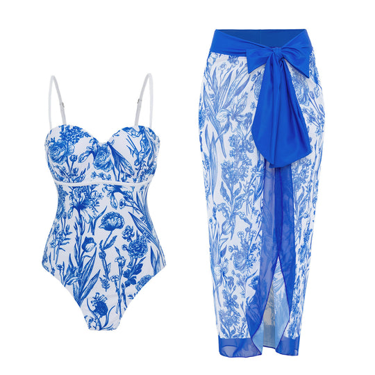 Damen Bademode mit floralem Muster und transparenter Sarong-Hülle EB
