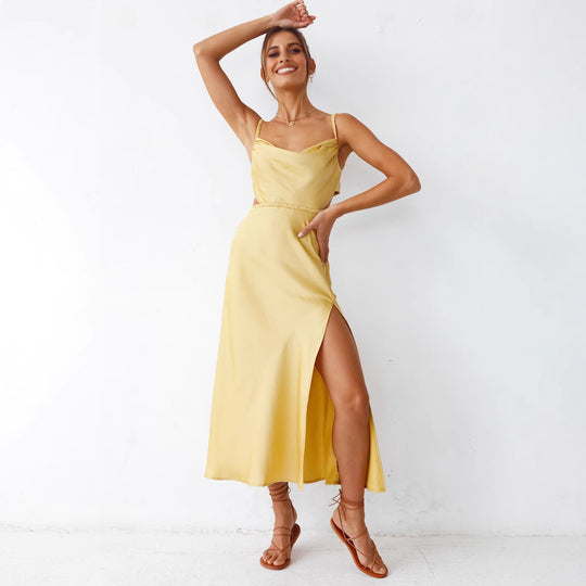 Damen Satin Maxikleid mit elegantem Wickeldesign und raffinierten Rüschen EB
