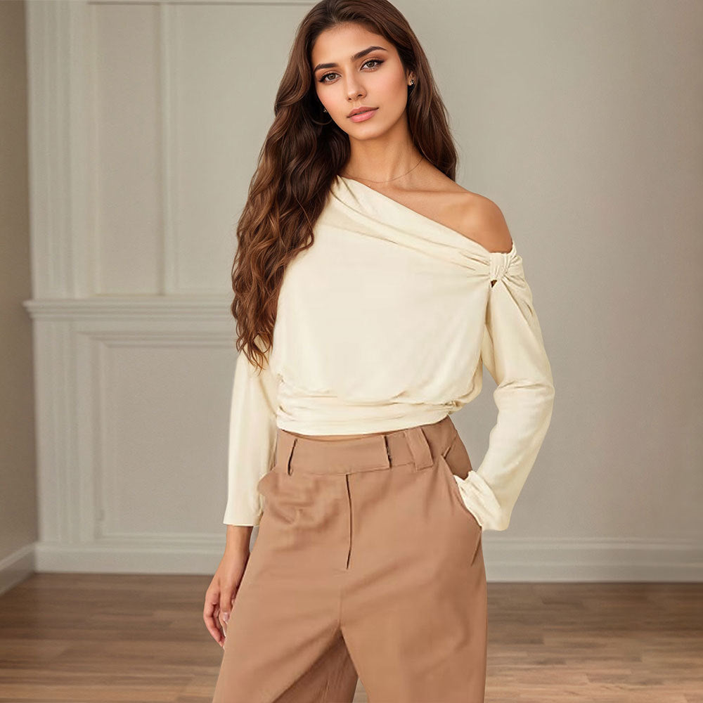 Damen asymmetrisches One-Shoulder Blusenshirt mit Knoten-Detail und tailliertem Saum Eichborn Berlin