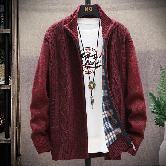 Herren Strickjacke mit Kunstlederdetails und hohem Kragen EB