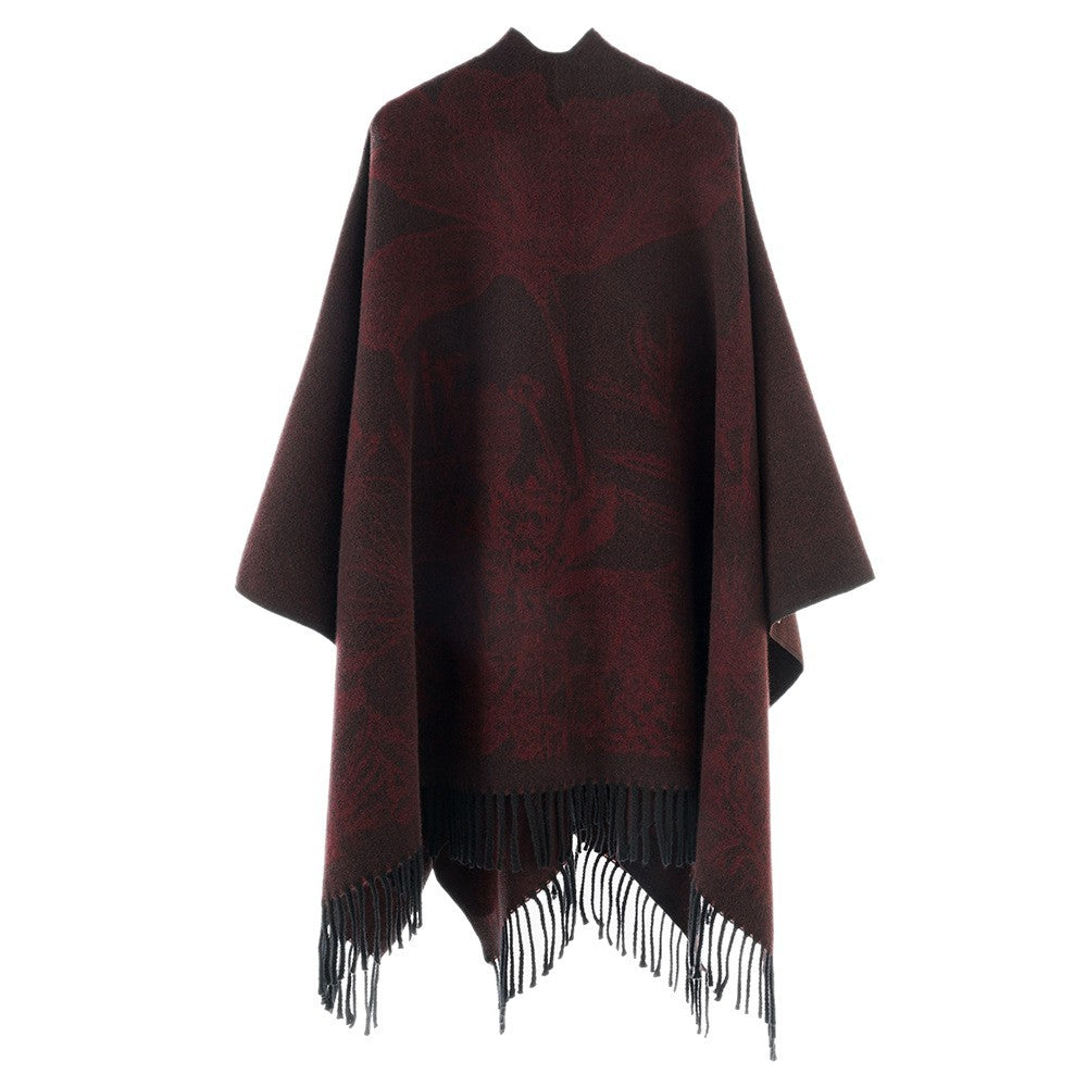 Damen Fließender Capeponcho im Kimono‑Schnitt mit feinem Blumenjacquard und Fransensaum EB