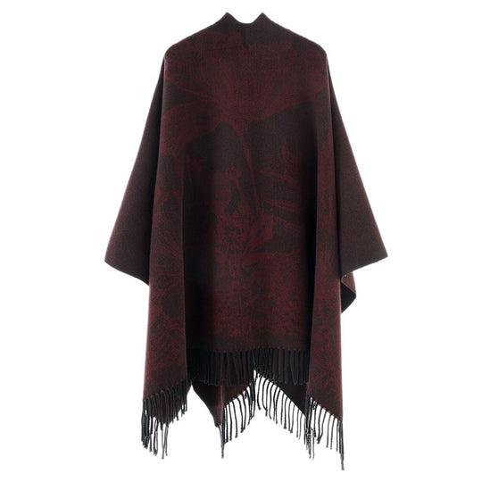 Damen Fließender Capeponcho im Kimono‑Schnitt mit feinem Blumenjacquard und Fransensaum EB