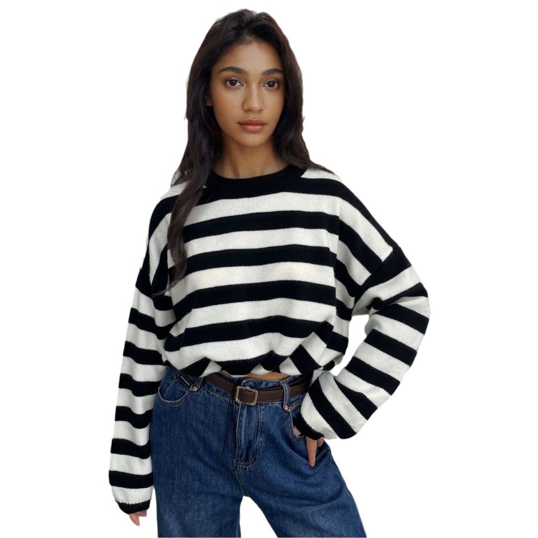 Damen Gemütlicher Ringelpullover mit lässigem Schnitt und tiefem Saum EB