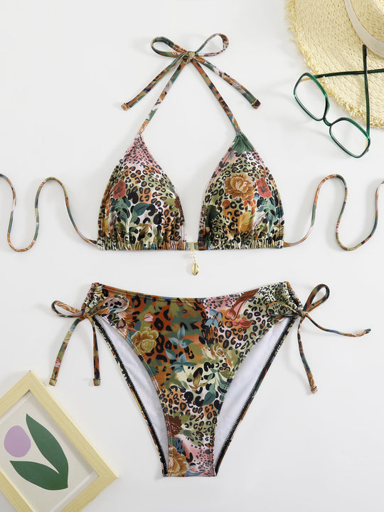 Damen Triangel-Bikini mit floralem und animalischem Design EB
