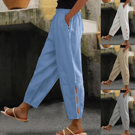 Damen Leichte Leinenhose mit seitlichen Schlitzen und elastischem Bund EB