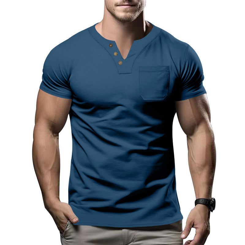 Herren nan tailliertes Kurzarm-Henleyshirt mit Brusttasche und asymmetrischer Knopfleiste EB