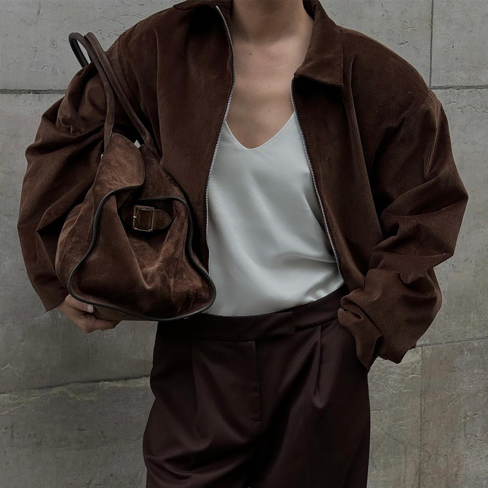 Damen Modische Cordjacke mit lässigem Schnitt und geradem Kragen EB