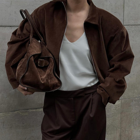 Damen Modische Cordjacke mit lässigem Schnitt und geradem Kragen EB