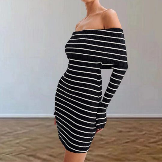 Damen Off-Shoulder Strickkleid mit langen Ärmeln und Streifenmuster EB