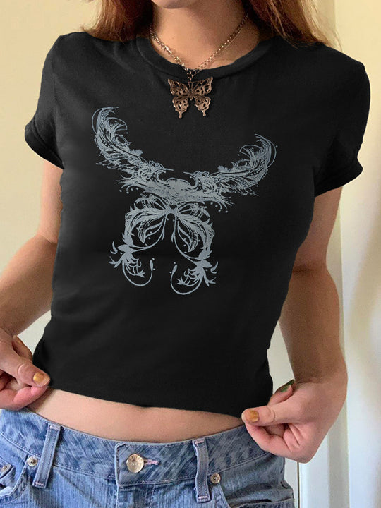Damen T-Shirt mit verspieltem Katzenmotiv und zarten Flügeln EB