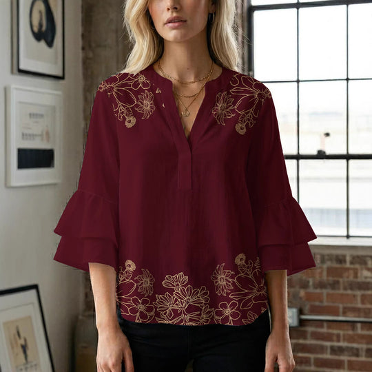 Damen Bluse mit voluminösen Rüschenärmeln und floralem Druck EB