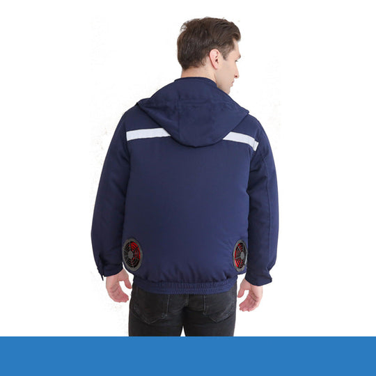 Unisex nan ventilated jacket for work and outdoor with integrated USB fans, battery compartment and hood EB