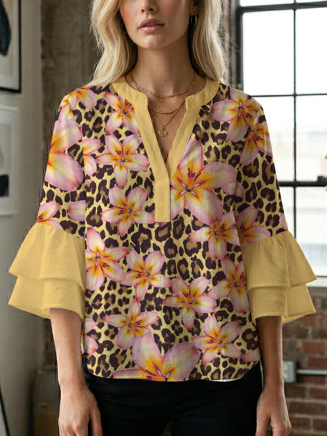 Damen lässige Bluse mit Volantärmeln und botanischem Druck EB