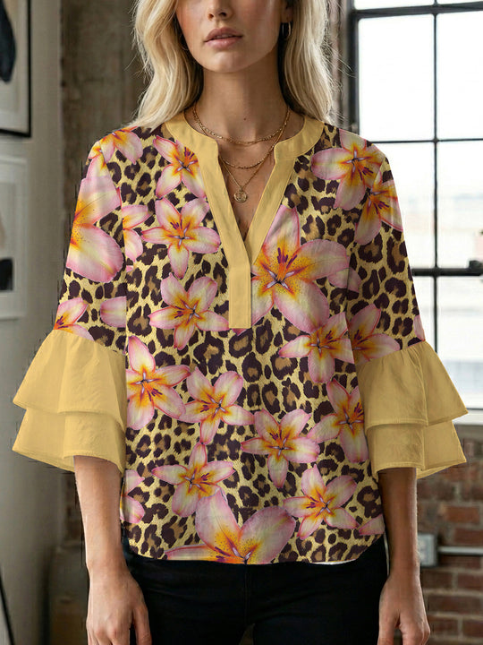 Damen lässige Bluse mit Volantärmeln und botanischem Druck EB