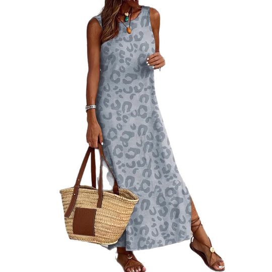 Damen Maxikleid mit modernem Leopardenmuster und ärmellosem Design EB