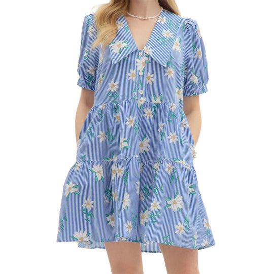 Damen Blumen Kleid mit gestreiftem Design und Knopfleiste EB