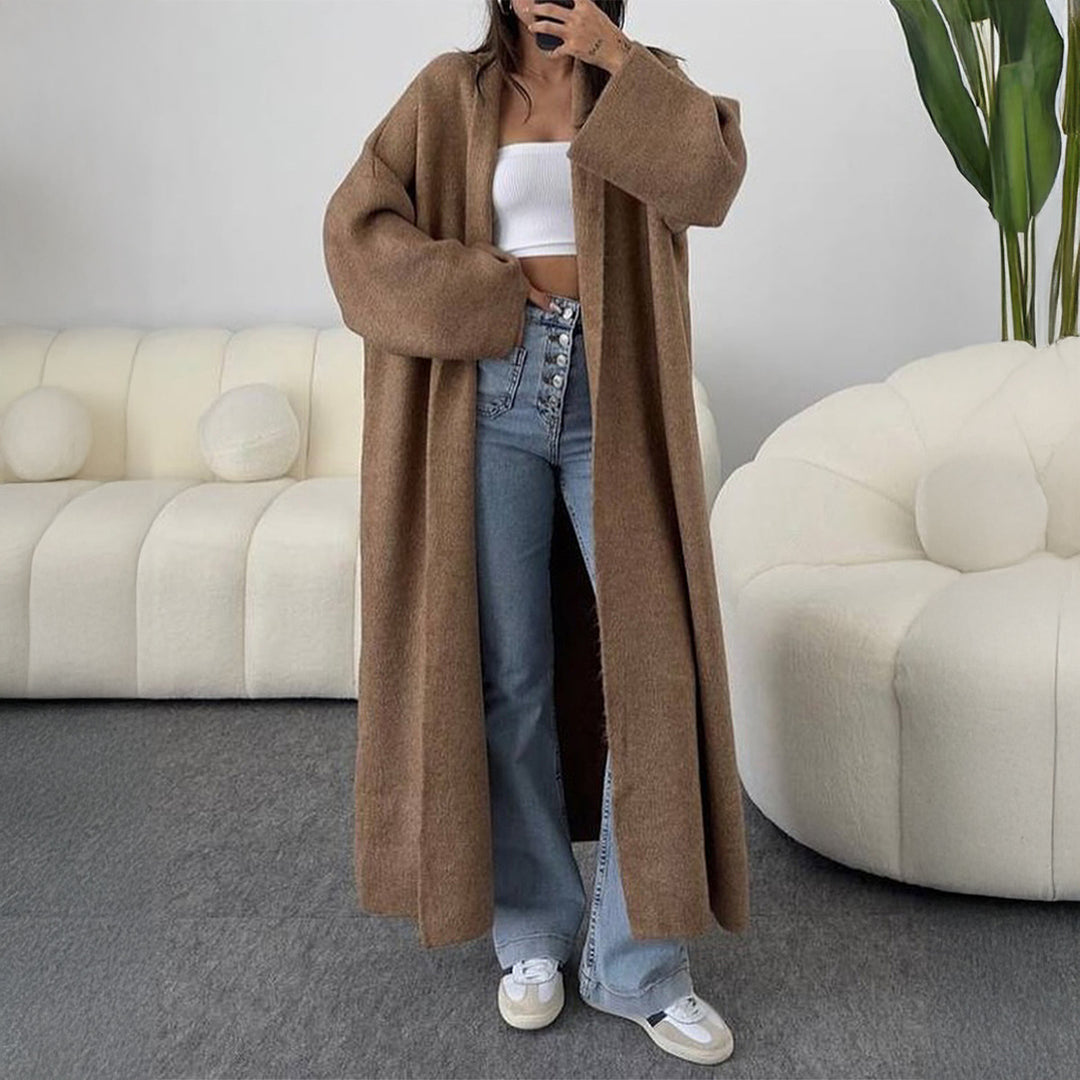 Damen nan extra-langer Oversize-Strickmantel mit offenem Schnitt, weiten Ärmeln und Kimonokragen EB