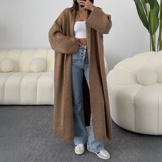 Damen nan extra-langer Oversize-Strickmantel mit offenem Schnitt, weiten Ärmeln und Kimonokragen EB