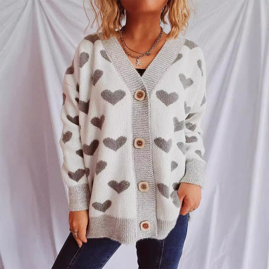Damen Strickjacke mit herzförmigem Muster und knöpfbarem Design EB