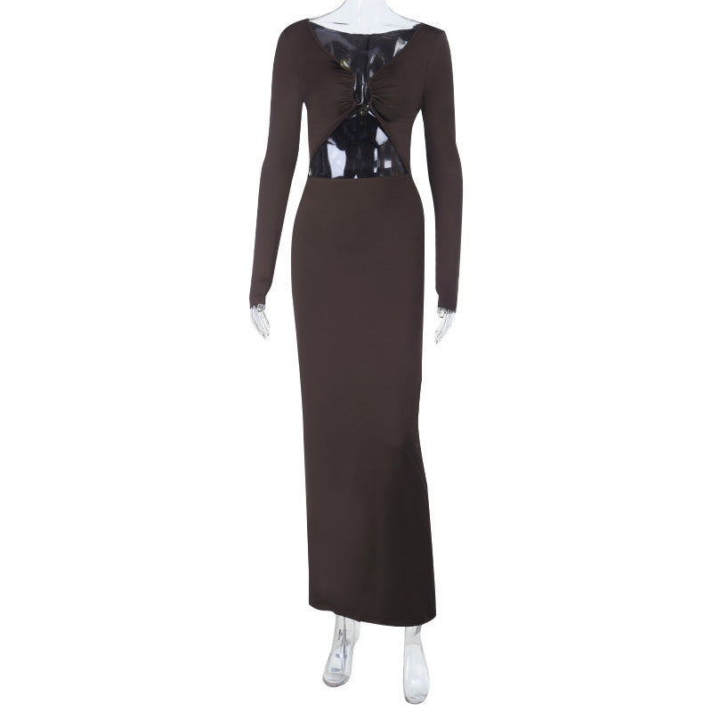 Damen elegantes langes Kleid mit Raffung und tiefem V-Ausschnitt EB